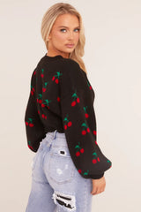 Black Knitted Cherry Print Cropped Jumper