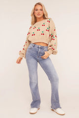 Beige Knitted Cherry Print Cropped Jumper