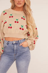 Beige Knitted Cherry Print Cropped Jumper