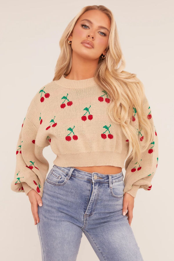 Beige Knitted Cherry Print Cropped Jumper