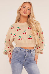 Beige Knitted Cherry Print Cropped Jumper