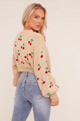 Beige Knitted Cherry Print Cropped Jumper