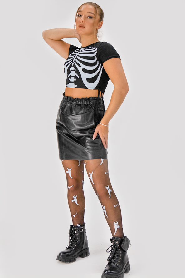 Black Ribbed Ruched Skeleton Hand Print Crop Top