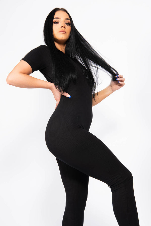 Black Rib Button Up Short Sleeve Jumpsuit