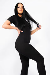 Black Rib Button Up Short Sleeve Jumpsuit