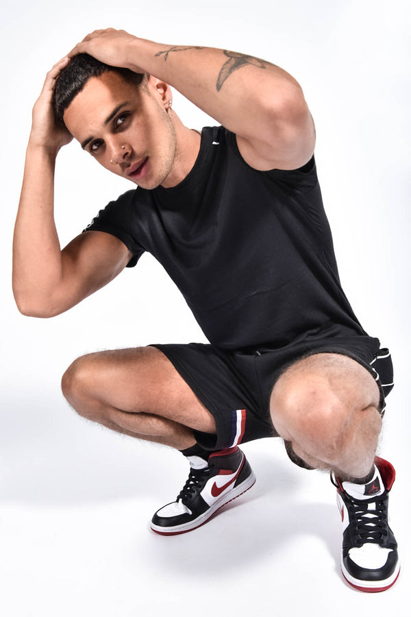 Mens Black Tape Striped Back Piped Short Set