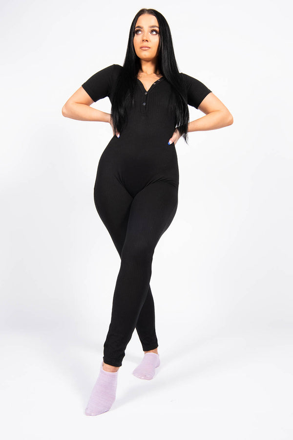 Black Rib Button Up Short Sleeve Jumpsuit
