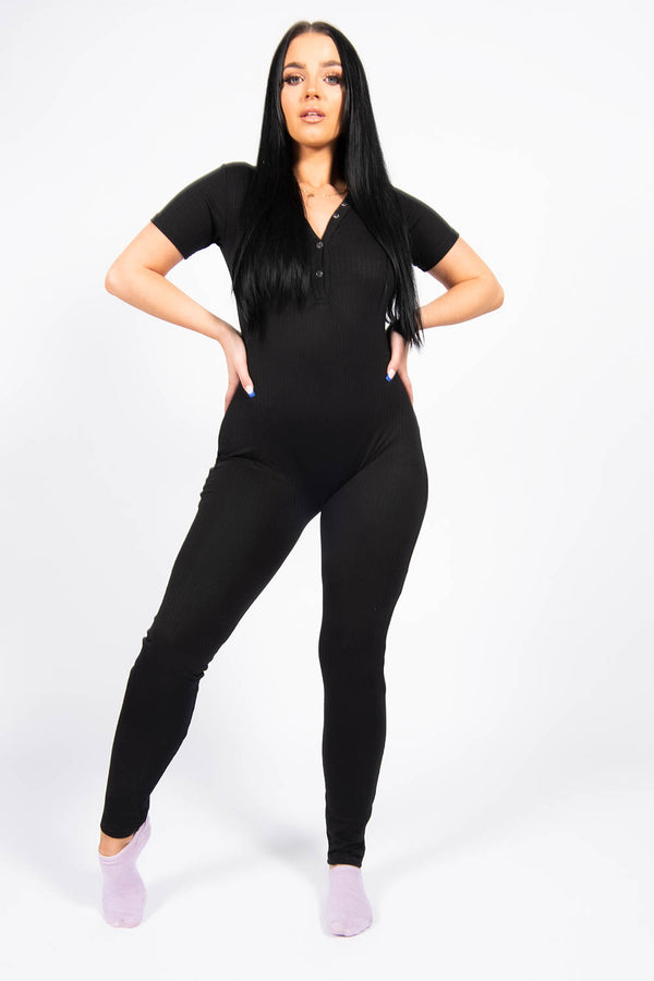 Black Rib Button Up Short Sleeve Jumpsuit