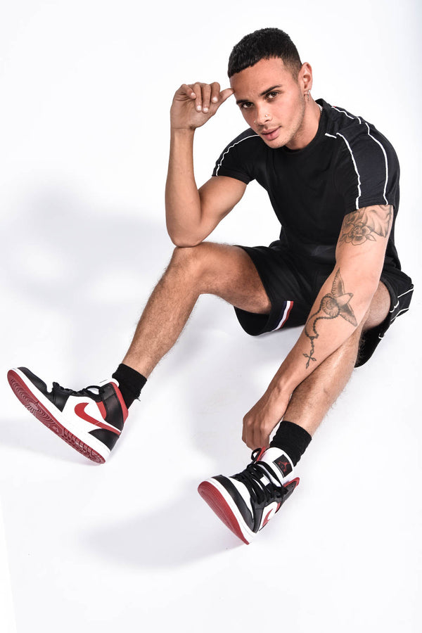 Mens Black Tape Striped Back Piped Short Set