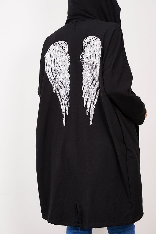Black Sequin Angel Wings Hooded Cardigan