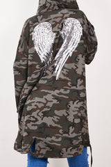 Camo Sequin Angel Wings Hooded Cardigan