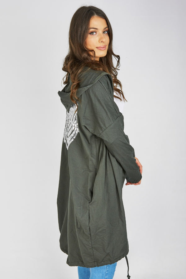 Khaki Sequin Angel Wings Hooded Cardigan