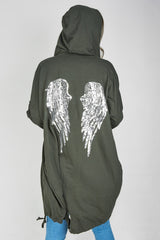 Khaki Sequin Angel Wings Hooded Cardigan