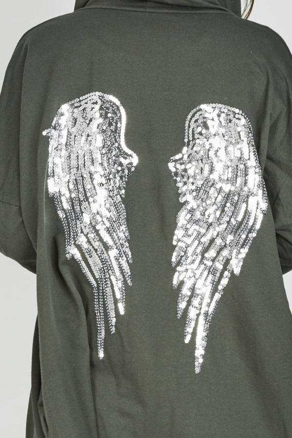 Khaki Sequin Angel Wings Hooded Cardigan