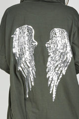 Khaki Sequin Angel Wings Hooded Cardigan