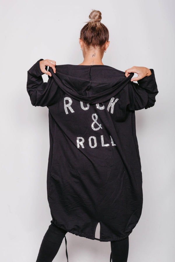 Black Sequin Rock And Roll Hooded Cardigan