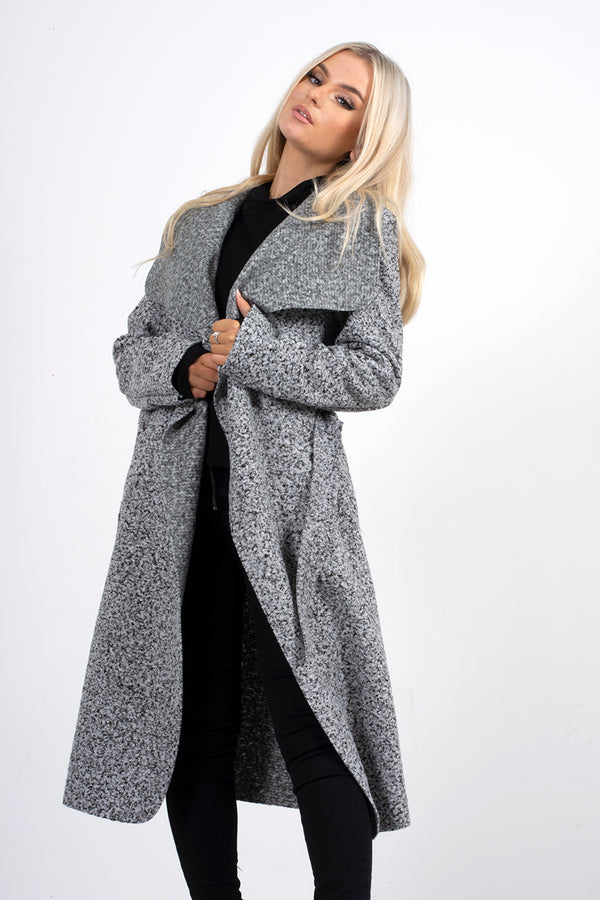 Grey Marl Textured waterfall Belted Coat