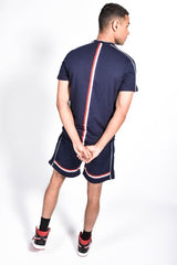 Men Navy Tape Striped Back Piped Short Set