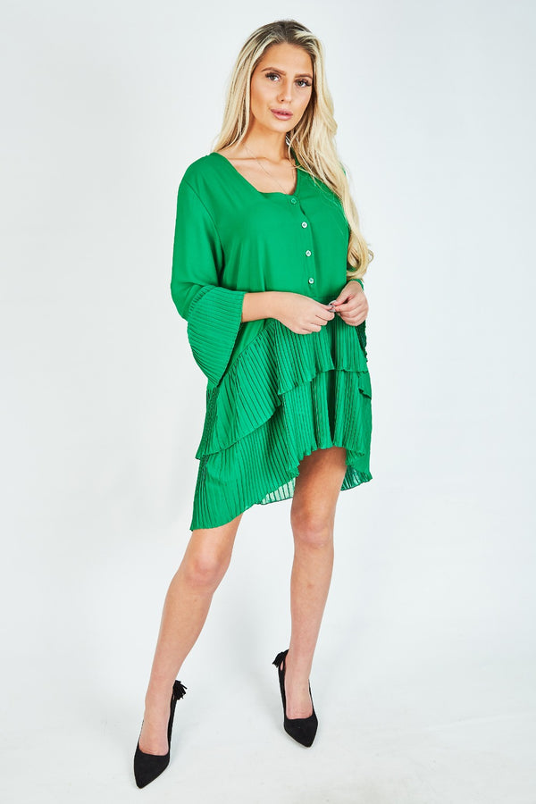 Green Ruffle Pleated Smock Mini Dress