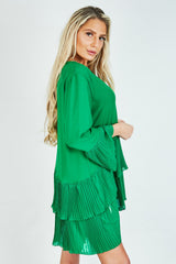Green Ruffle Pleated Smock Mini Dress
