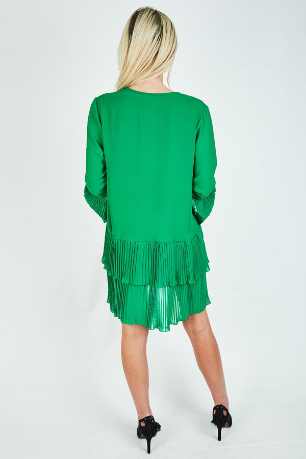 Green Ruffle Pleated Smock Mini Dress