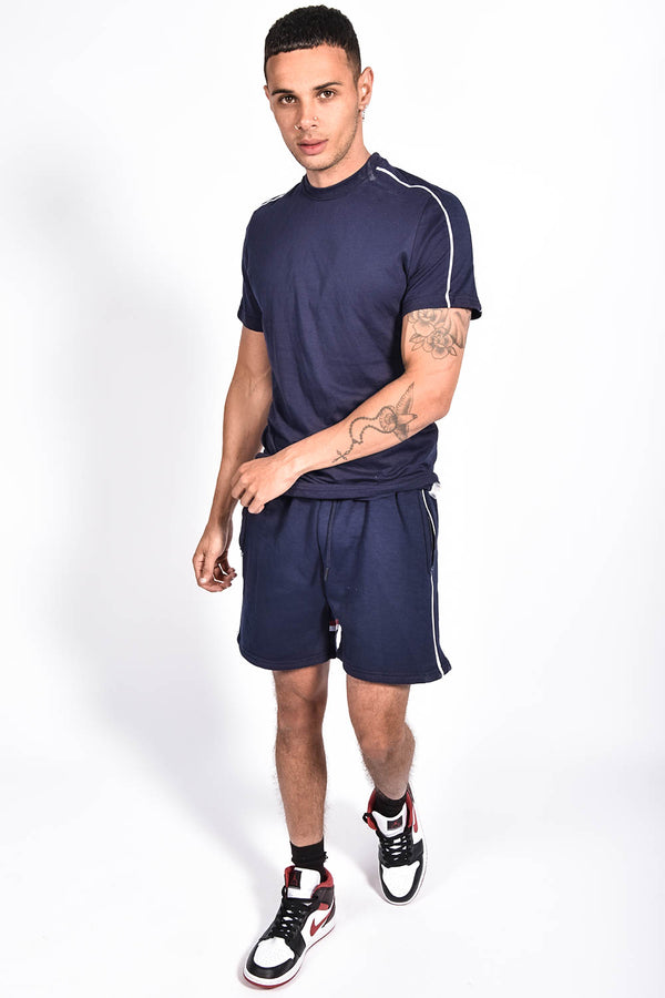 Men Navy Tape Striped Back Piped Short Set