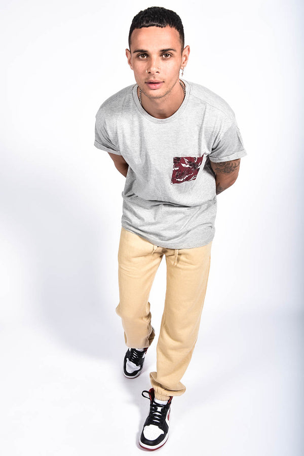 Mens Grey Floral Woven Pocket Tee