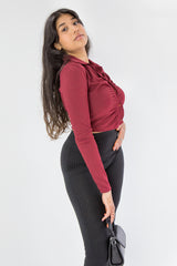 Wine Ruched Front Cropped Shirt