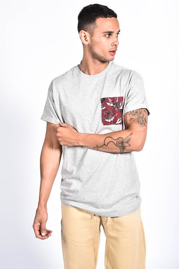Mens Grey Floral Woven Pocket Tee