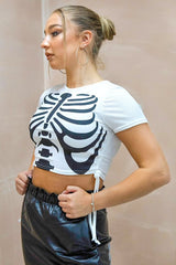 White Ribbed Ruched Skeleton Hand Print Crop Top