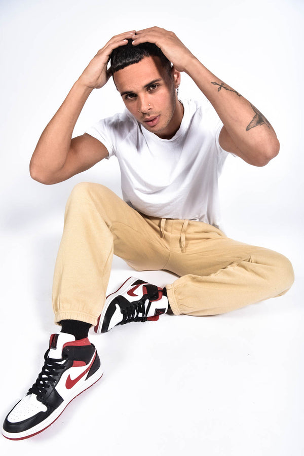 Mens Beige Basic Cuffed Joggers