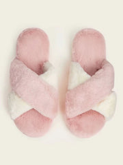 Pink Fluffy Cross Strap Slippers