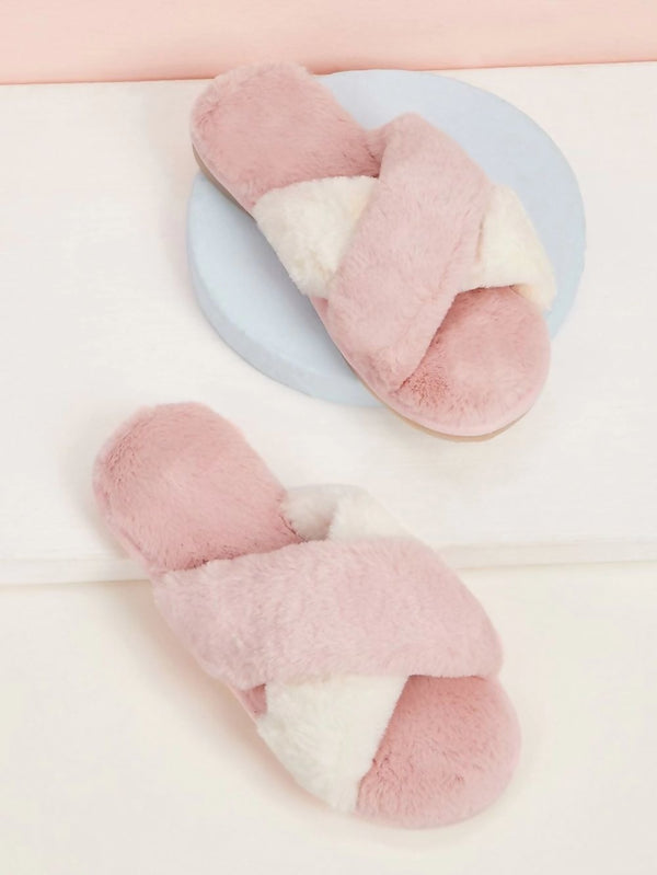 Pink Fluffy Cross Strap Slippers