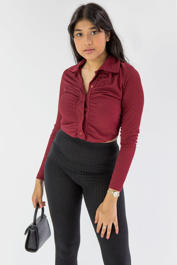 Wine Ruched Front Cropped Shirt