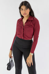 Wine Ruched Front Cropped Shirt