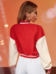 Red Cropped Contrast Sleeve Varsity Jacket