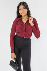 Wine Ruched Front Cropped Shirt