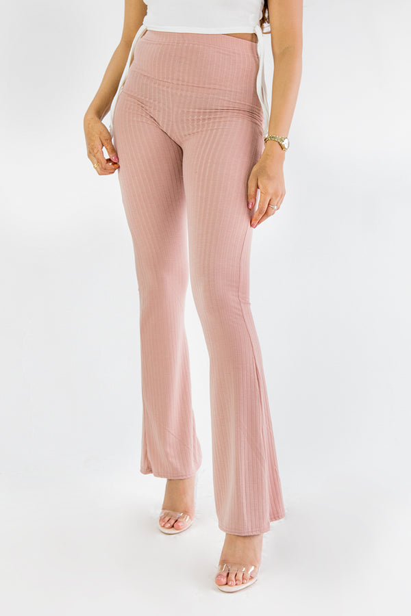 Pink Basic Ribbed Flare Trousers