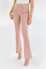 Pink Basic Ribbed Flare Trousers