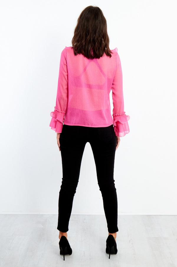 1802-Fuchsia Sheer Ruffle Sleeve Inserted Shirt
