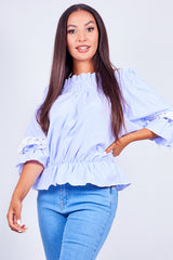 Blue Pinstripe Bardot Crochet Tie Back Blouse