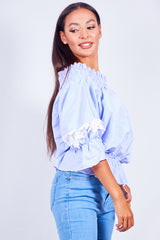 Blue Pinstripe Bardot Crochet Tie Back Blouse