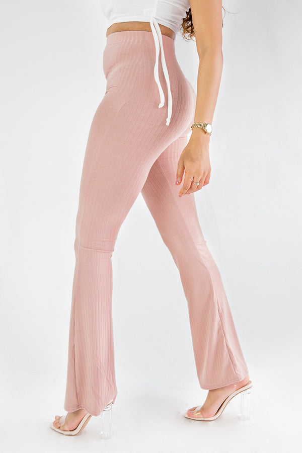 Pink Basic Ribbed Flare Trousers