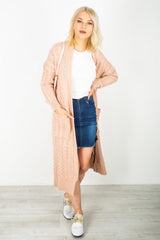Dusty Pink Cable Knit Pocket Details Longline Cardigan