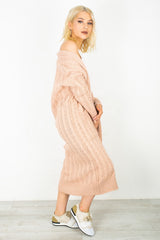 Dusty Pink Cable Knit Pocket Details Longline Cardigan