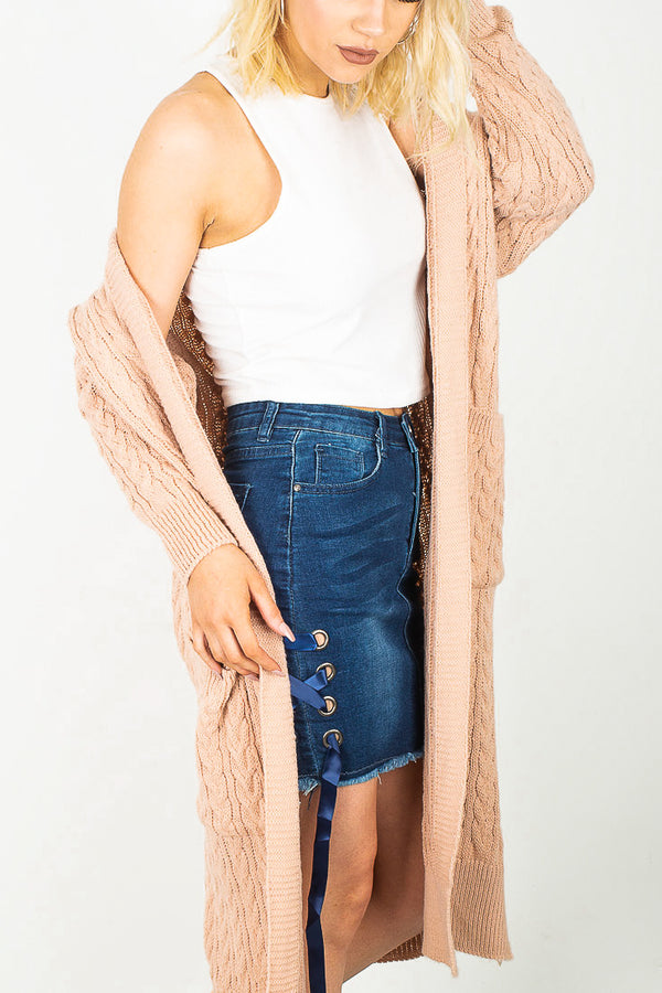 Dusty Pink Cable Knit Pocket Details Longline Cardigan