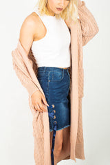 Dusty Pink Cable Knit Pocket Details Longline Cardigan