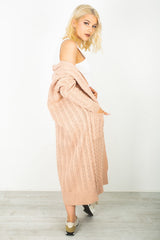 Dusty Pink Cable Knit Pocket Details Longline Cardigan