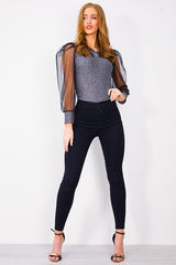 Silver Glitter Sheer Detail Collar Bodysuit