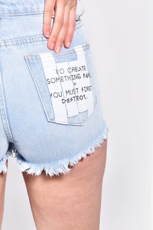Light Wash Printed Taped Striped Shorts